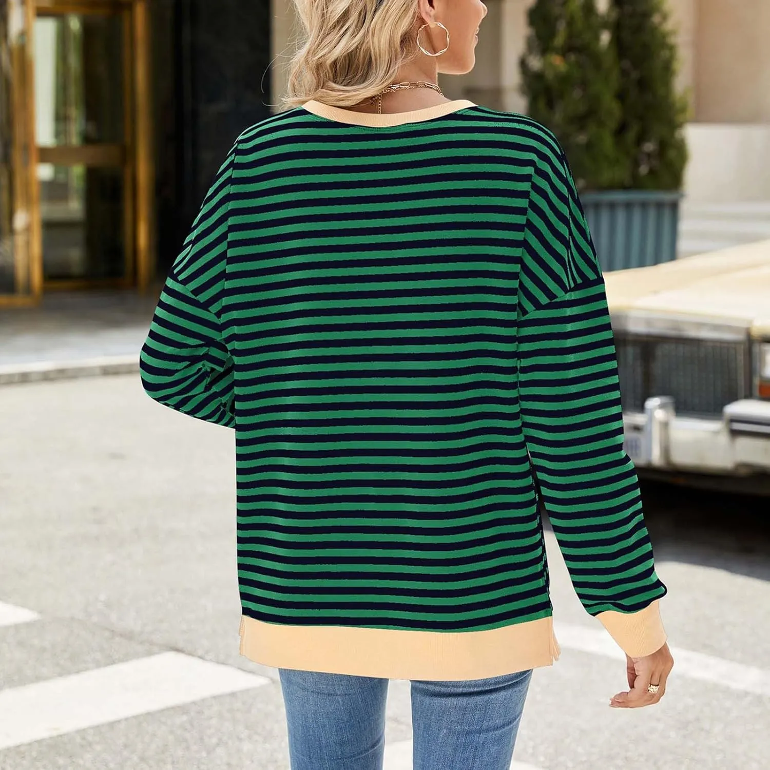 Women Oversized Striped Sweatshirts Color Block Long Sleeve Hoodies Crew Neck Loose Fit Tops Casual Pullover Y2K Top