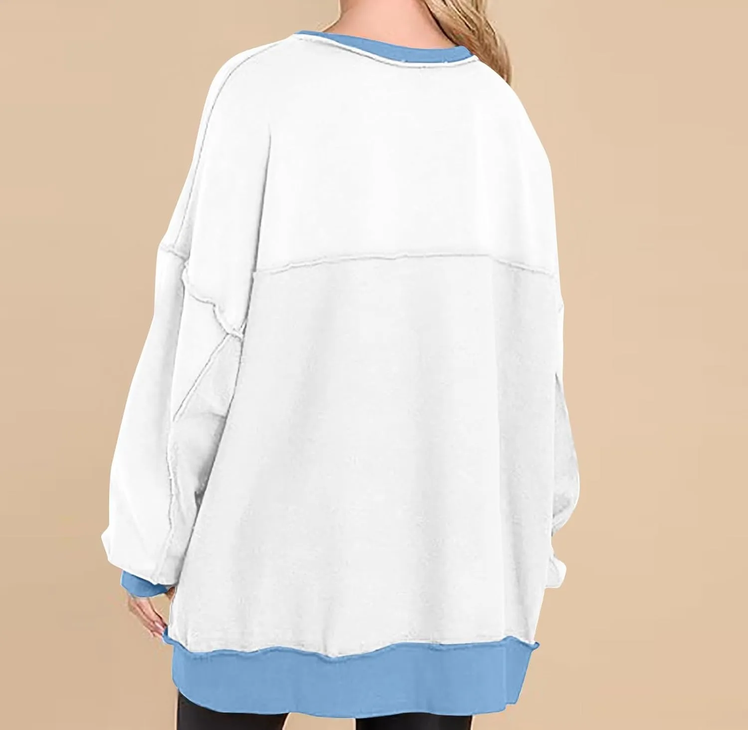 Women Oversized Sweatshirt Tops Colors Block Cute Sweater Comfort Button Ncek Pullover 2024 Fall Fashion Clothing