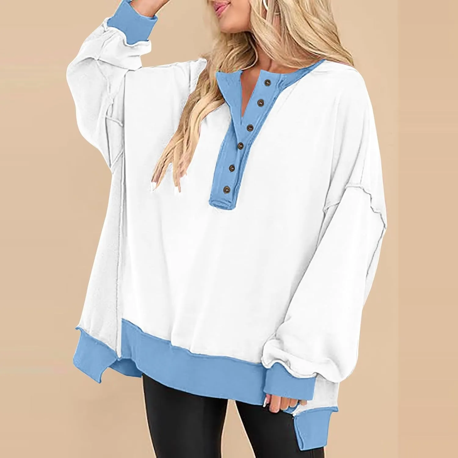 Women Oversized Sweatshirt Tops Colors Block Cute Sweater Comfort Button Ncek Pullover 2024 Fall Fashion Clothing