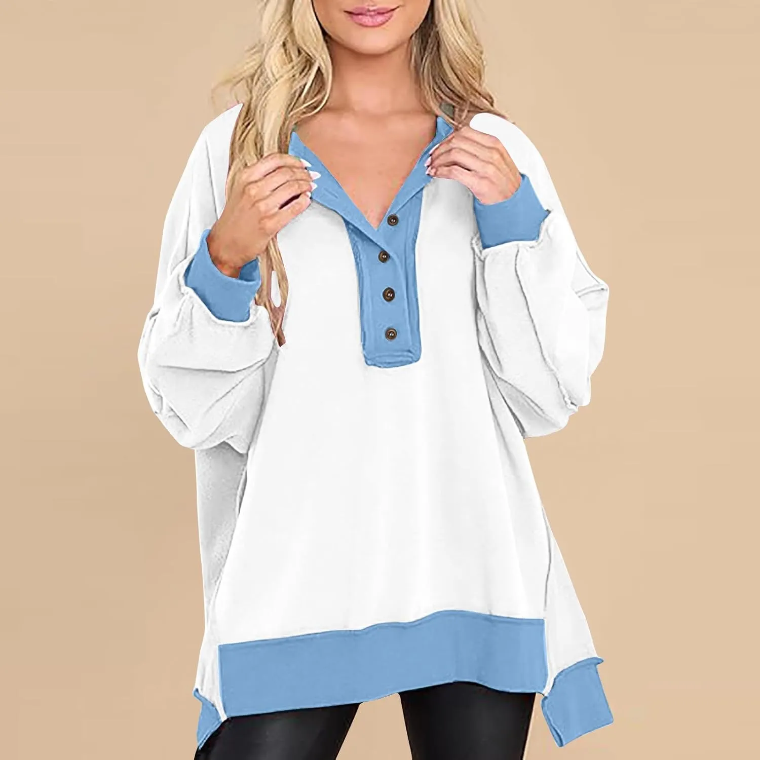 Women Oversized Sweatshirt Tops Colors Block Cute Sweater Comfort Button Ncek Pullover 2024 Fall Fashion Clothing