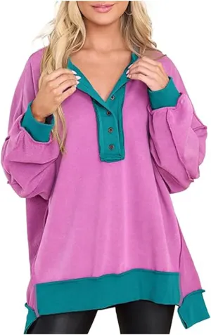 Women Oversized Sweatshirt Tops Colors Block Cute Sweater Comfort Button Ncek Pullover 2024 Fall Fashion Clothing
