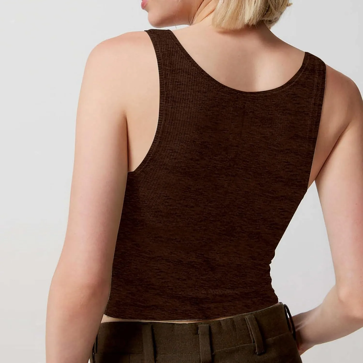 Women Ribbed Tank Top Pleated Square Neck Sleeveless Basic Fitted Crop Tops Y2K Henley Vest Petite