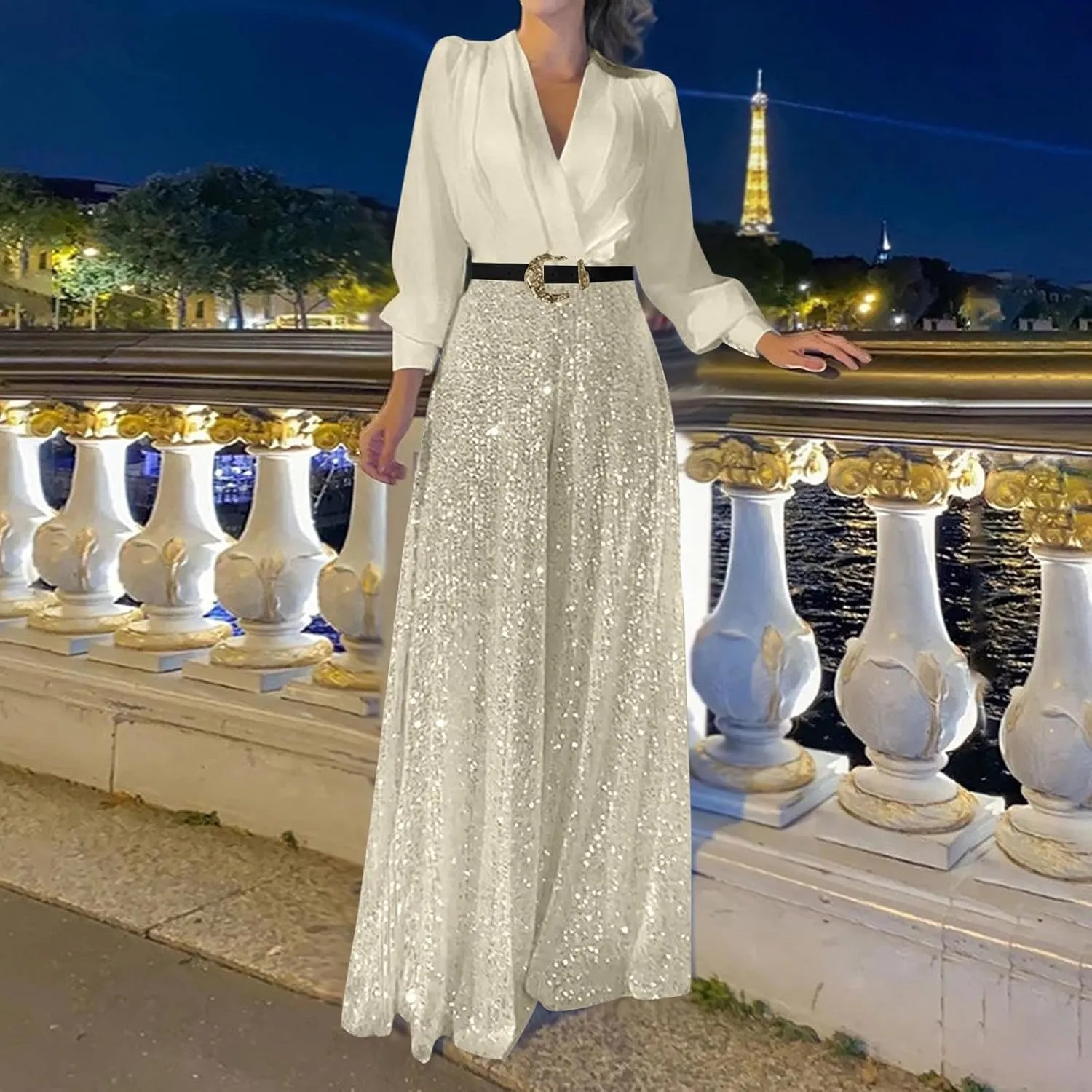 Women Sequins Jumpsuits Clubwear Long Sleeve V-Neck Party Evening Outfit Belted High Waist Wide Leg Trouser Pantsuits