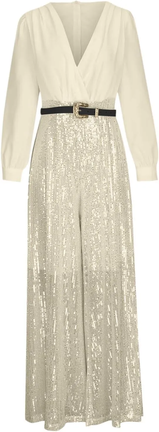 Women Sequins Jumpsuits Clubwear Long Sleeve V-Neck Party Evening Outfit Belted High Waist Wide Leg Trouser Pantsuits