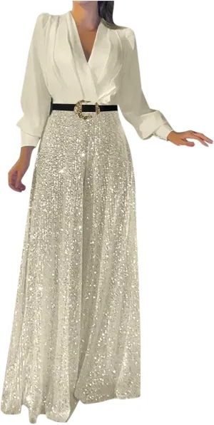 Women Sequins Jumpsuits Clubwear Long Sleeve V-Neck Party Evening Outfit Belted High Waist Wide Leg Trouser Pantsuits