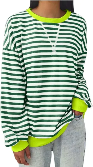 Women Striped Crew Neck Sweatshirts Oversized Pullover Shirt Tops Lightweight Preppy Hoodies Trendy Fall Clothes 2024