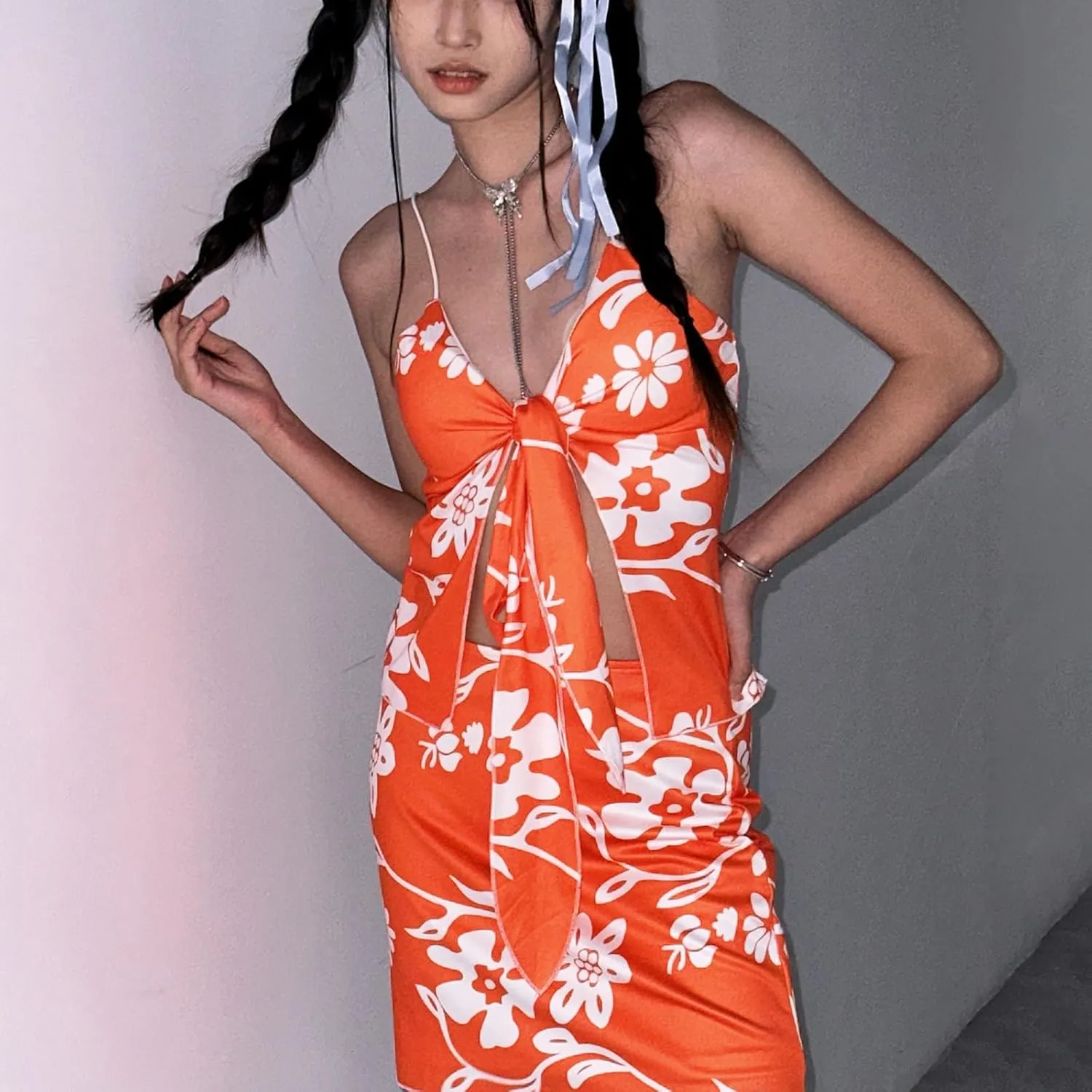 Women Summer 2 Piece Outfits Sleeveless 3D Flower Crop Tank Top High Waist Ruffles Mini Wrapped Skirt Set