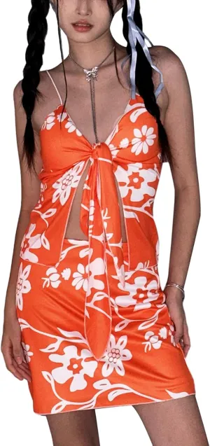Women Summer 2 Piece Outfits Sleeveless 3D Flower Crop Tank Top High Waist Ruffles Mini Wrapped Skirt Set