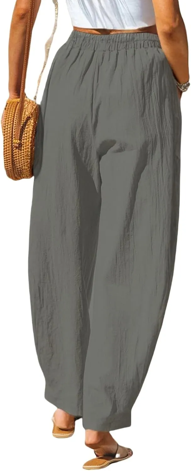 Women Summer Beach Vacation Pants Wide Leg Linen Elastic Waist Loose Palazzo Flowy Trousers with Pocket