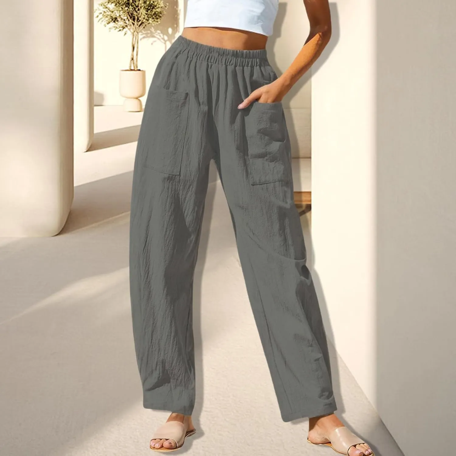 Women Summer Beach Vacation Pants Wide Leg Linen Elastic Waist Loose Palazzo Flowy Trousers with Pocket