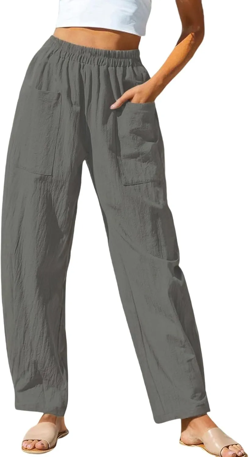Women Summer Beach Vacation Pants Wide Leg Linen Elastic Waist Loose Palazzo Flowy Trousers with Pocket
