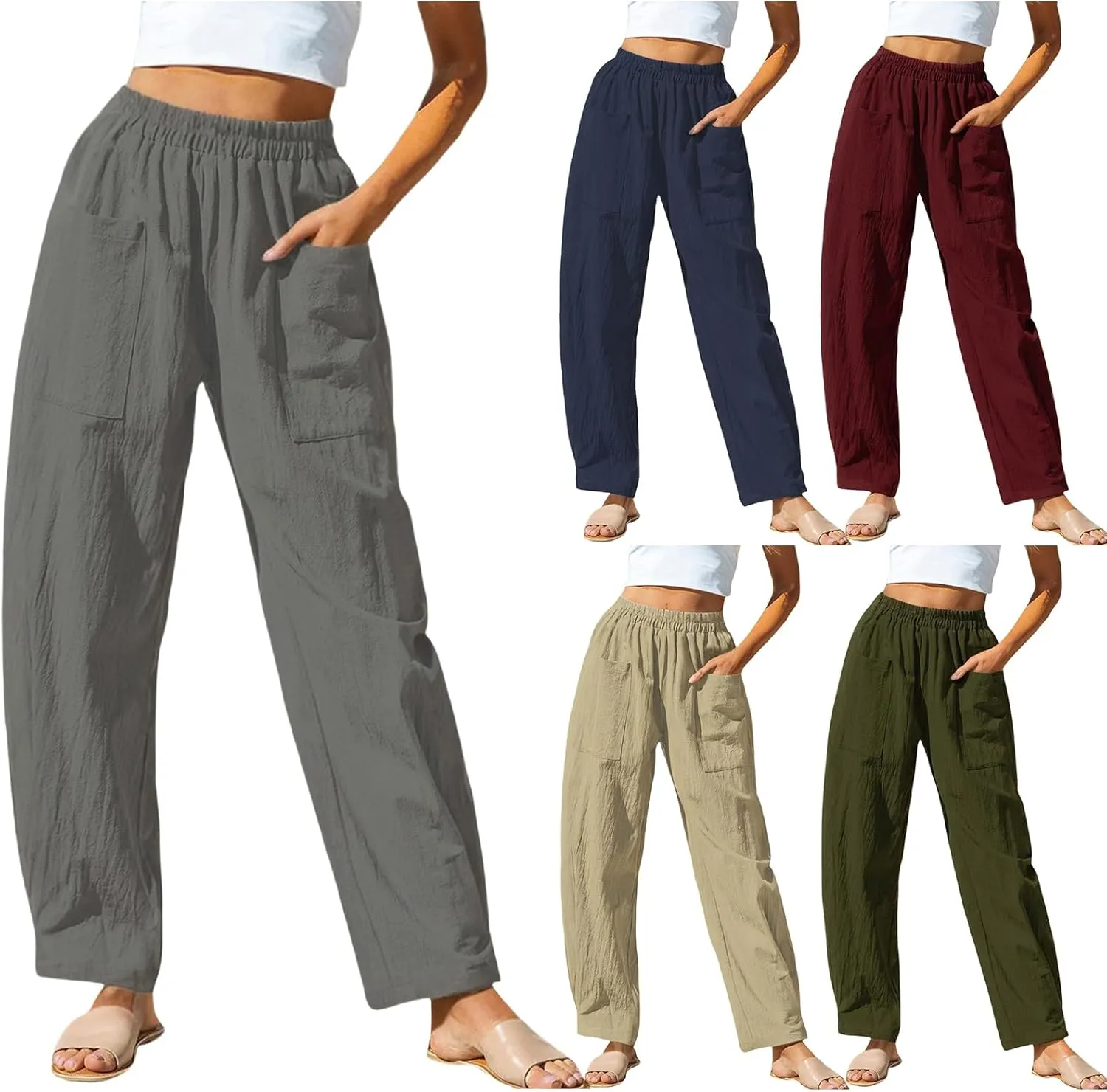 Women Summer Beach Vacation Pants Wide Leg Linen Elastic Waist Loose Palazzo Flowy Trousers with Pocket