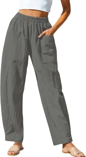 Women Summer Beach Vacation Pants Wide Leg Linen Elastic Waist Loose Palazzo Flowy Trousers with Pocket