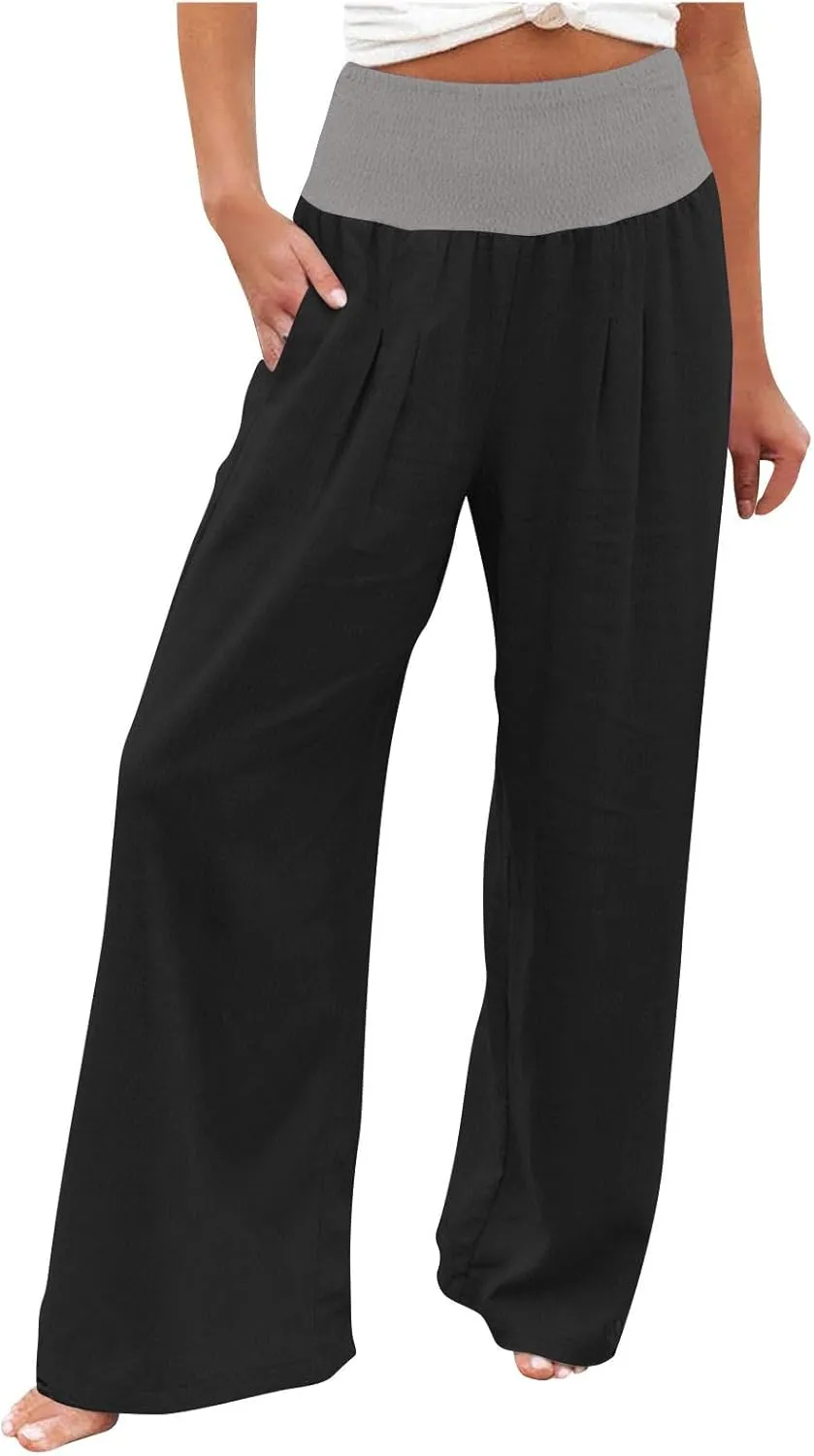 Women Summer High Waisted Cotton Linen Palazzo Pants High Waisted Wide Leg Pants Boho Lounge Trousers with Pocket
