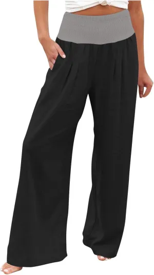 Women Summer High Waisted Cotton Linen Palazzo Pants High Waisted Wide Leg Pants Boho Lounge Trousers with Pocket