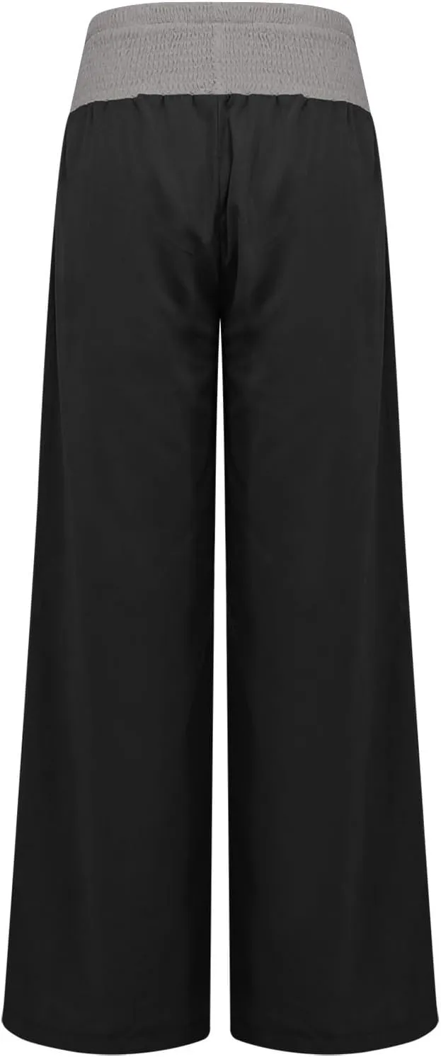 Women Summer High Waisted Cotton Linen Palazzo Pants High Waisted Wide Leg Pants Boho Lounge Trousers with Pocket
