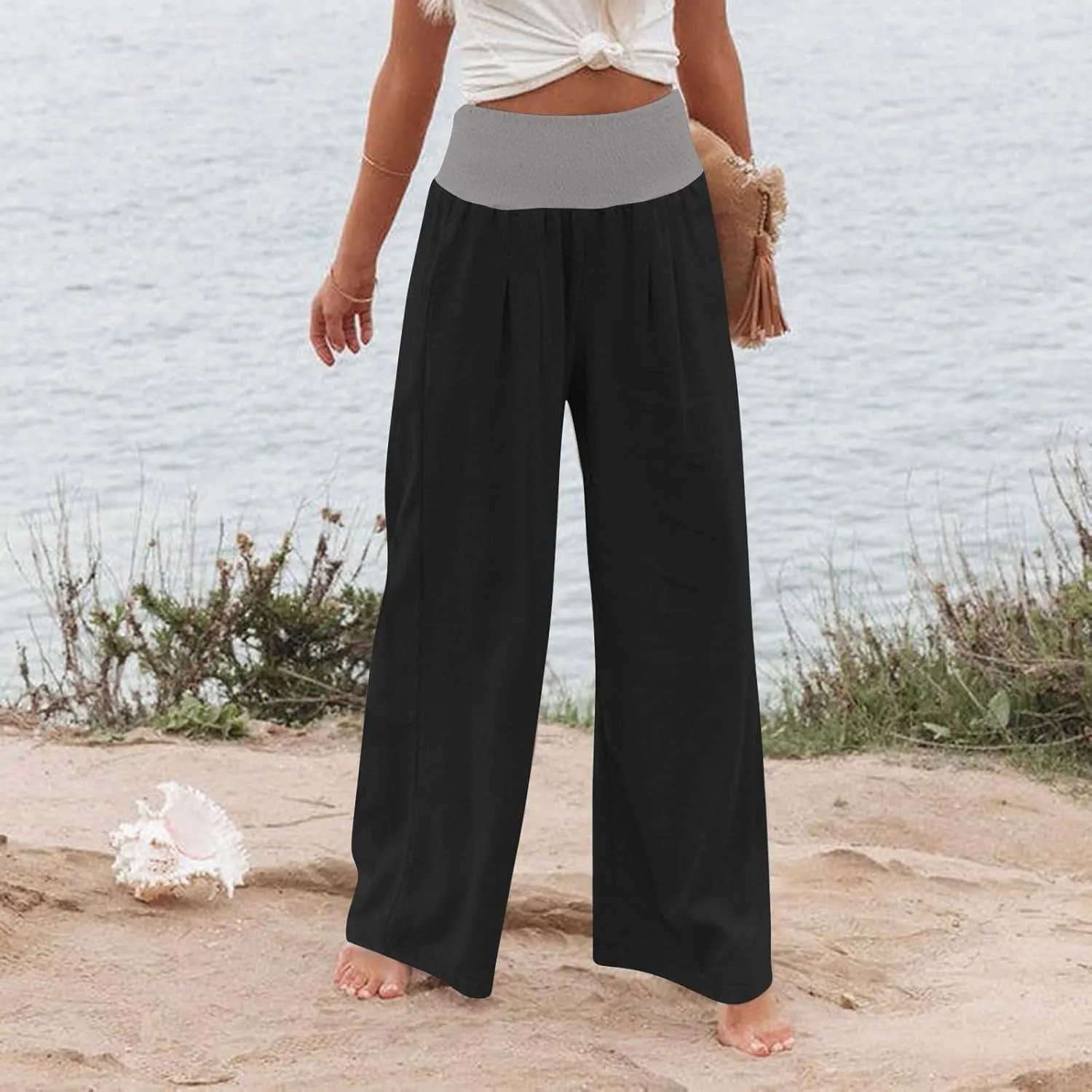 Women Summer High Waisted Cotton Linen Palazzo Pants High Waisted Wide Leg Pants Boho Lounge Trousers with Pocket