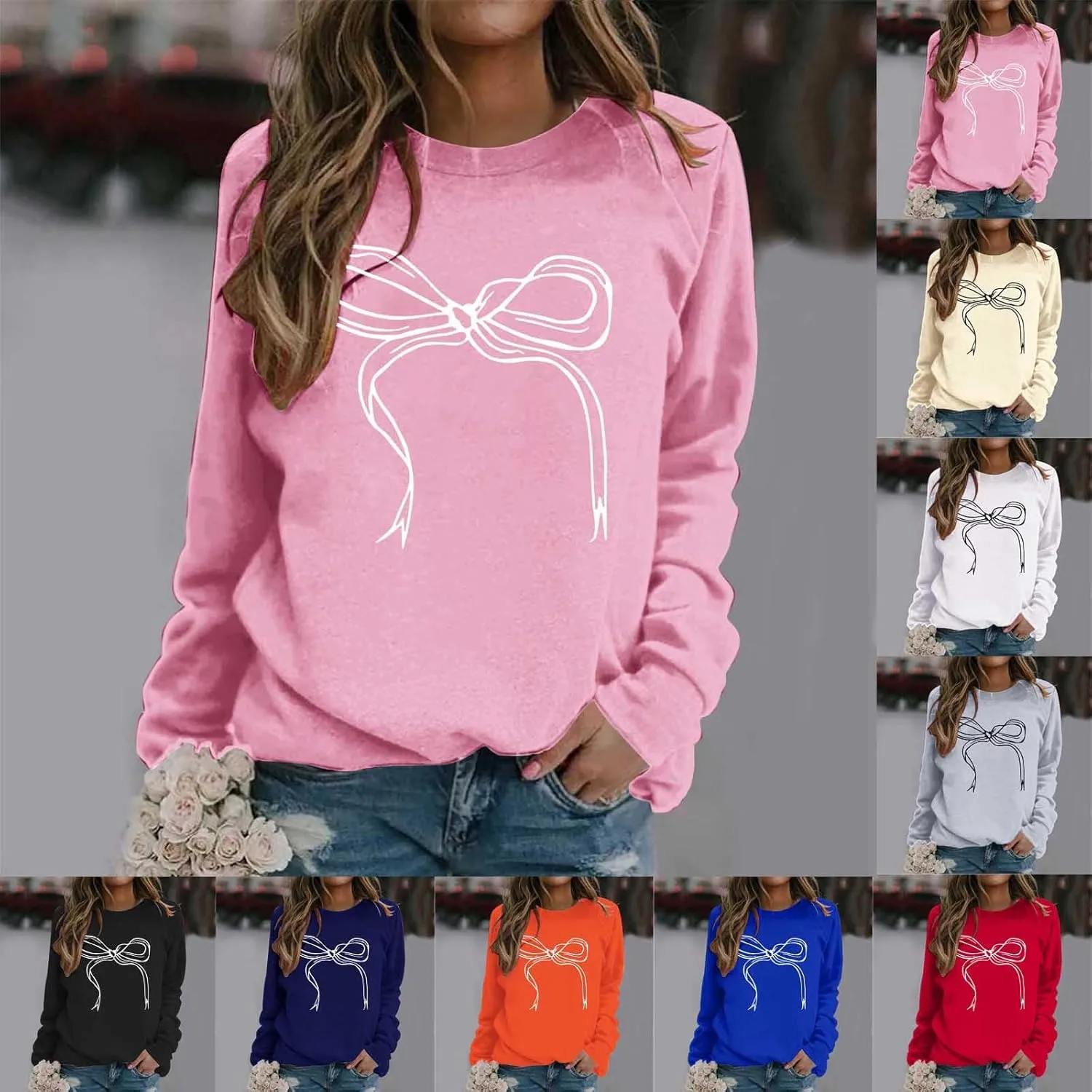 Women Sweatshirt Cute Bow Sweater Oversized Crewneck Sweatshirt Long Sleeve Fleece Pullover Y2K Aesthetic Outfits