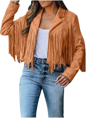 Women Trendy Tassel Coat Fringe Coats Faux Suede Leather Cowboy Style Jacket Long Sleeve Tassels Cardigan Coat Outwear