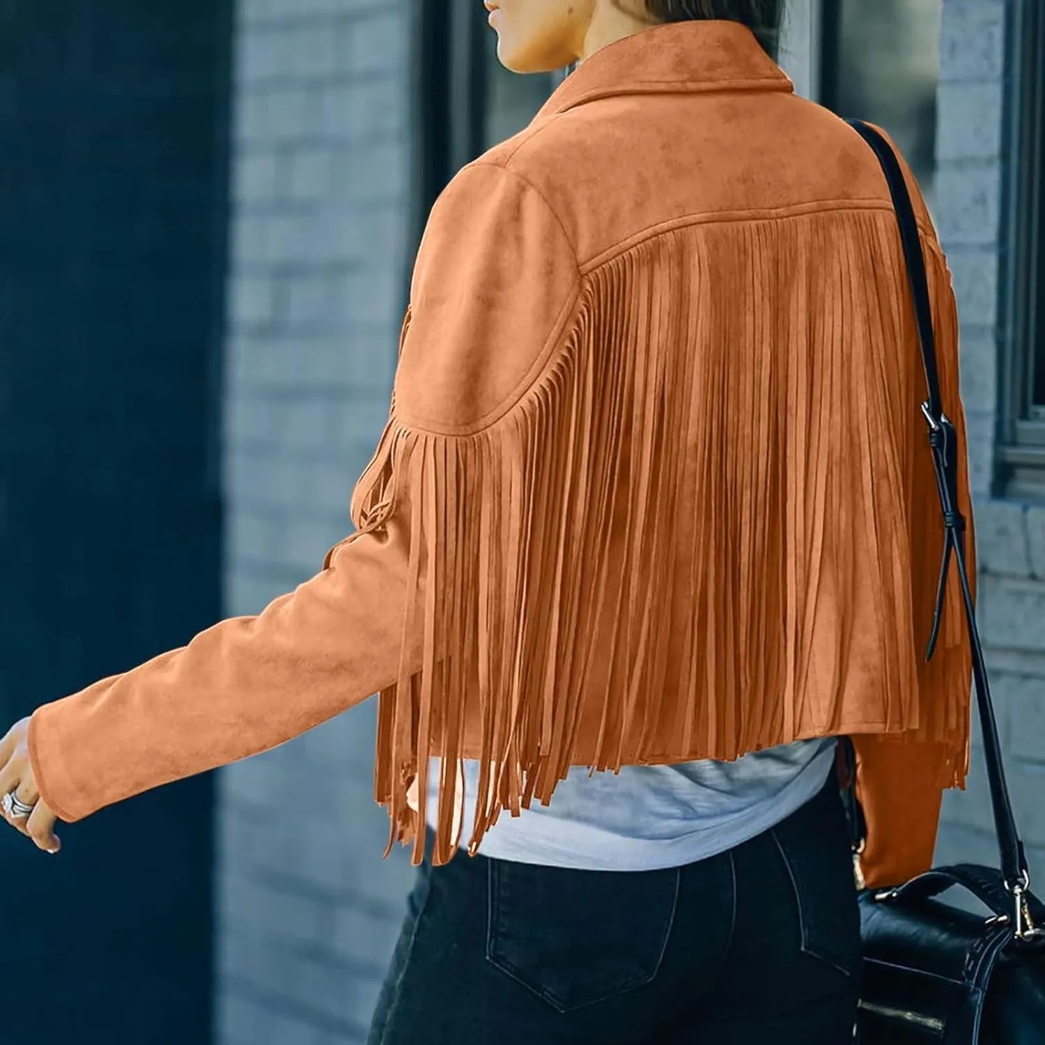 Women Trendy Tassel Coat Fringe Coats Faux Suede Leather Cowboy Style Jacket Long Sleeve Tassels Cardigan Coat Outwear