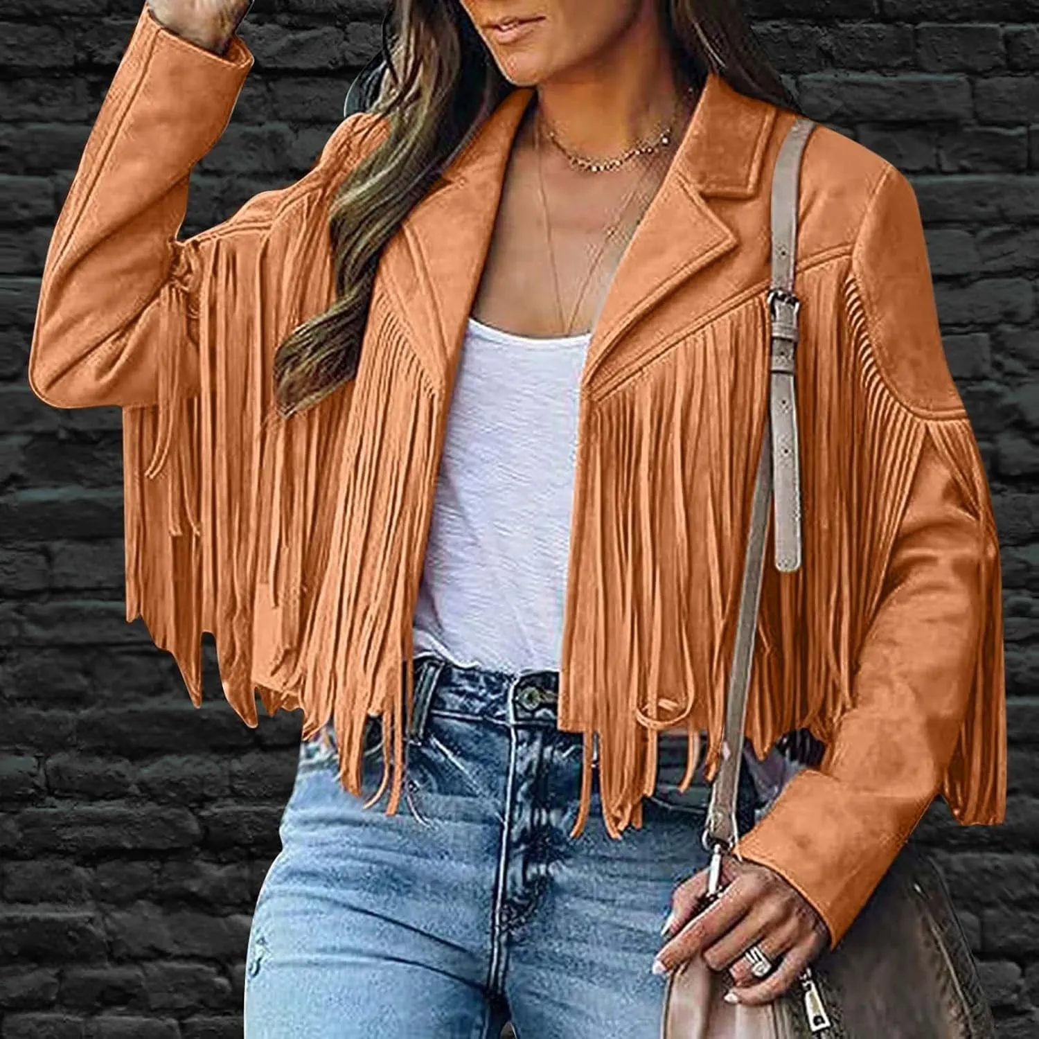 Women Trendy Tassel Coat Fringe Coats Faux Suede Leather Cowboy Style Jacket Long Sleeve Tassels Cardigan Coat Outwear
