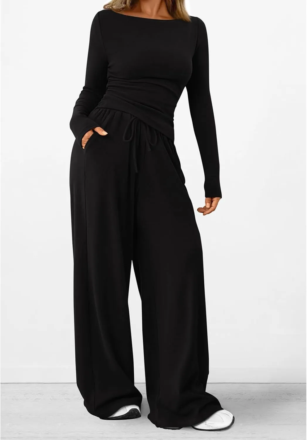 Women's 2 Piece Lounge Sets Asymmetrical Ruched Long Sleeve Top Wide Leg High Waisted Pants Casual Outfits Tracksuit