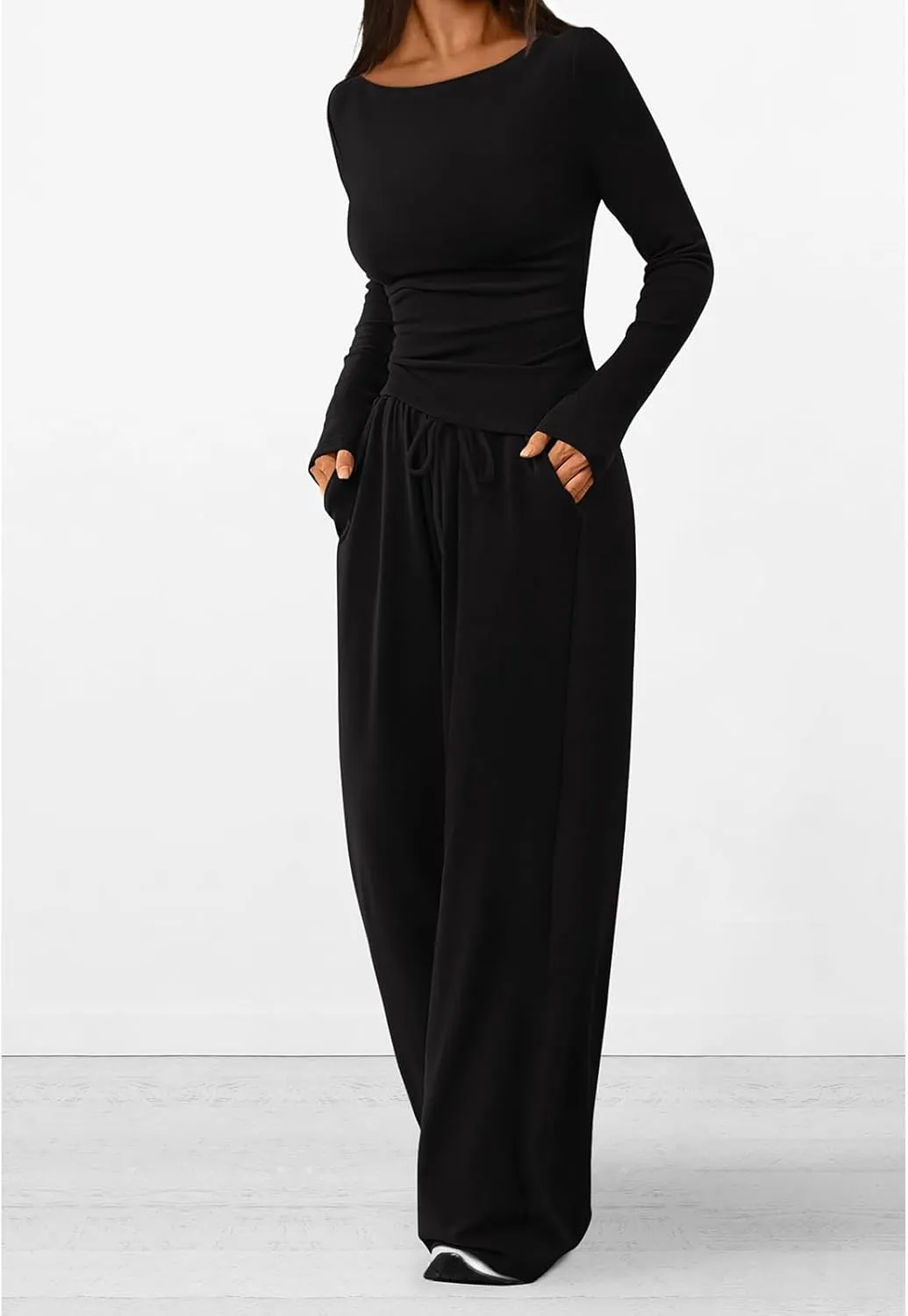 Women's 2 Piece Lounge Sets Asymmetrical Ruched Long Sleeve Top Wide Leg High Waisted Pants Casual Outfits Tracksuit
