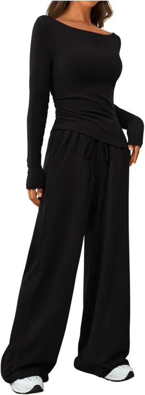 Women's 2 Piece Lounge Sets Asymmetrical Ruched Long Sleeve Top Wide Leg High Waisted Pants Casual Outfits Tracksuit