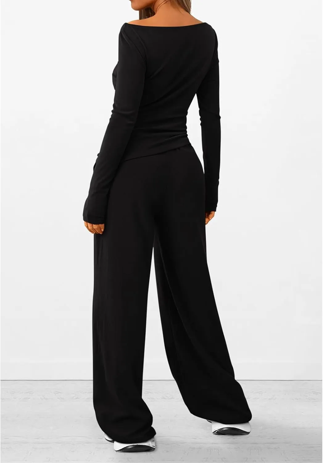 Women's 2 Piece Lounge Sets Asymmetrical Ruched Long Sleeve Top Wide Leg High Waisted Pants Casual Outfits Tracksuit