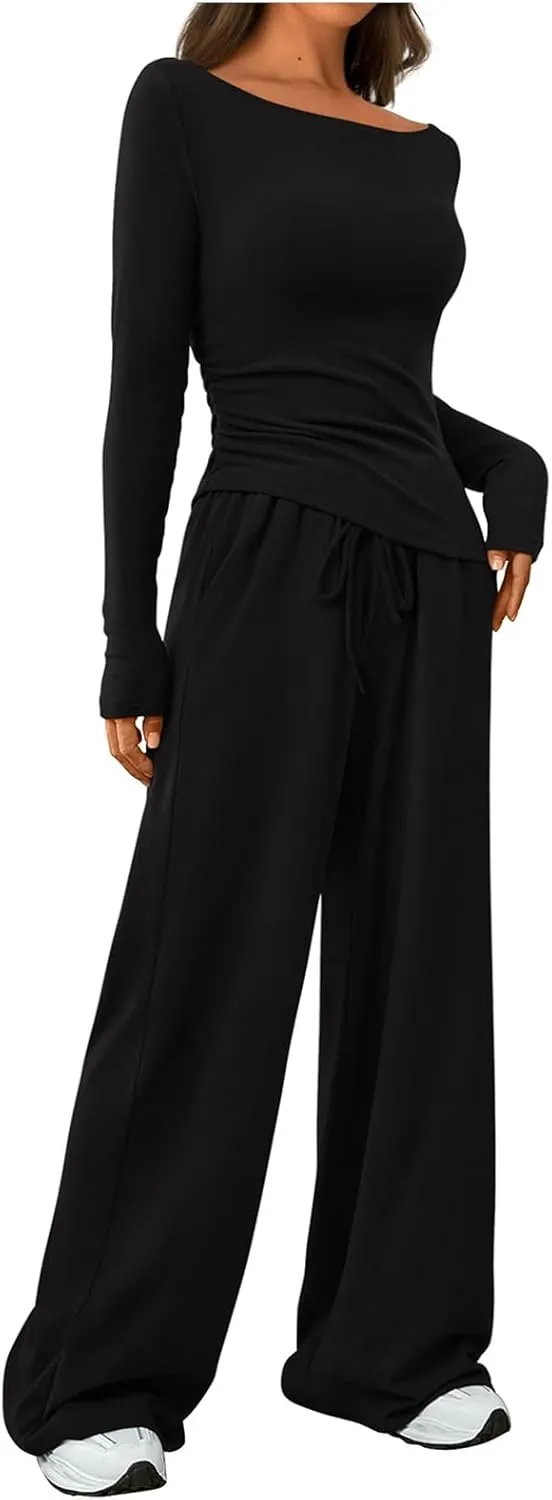 Women's 2 Piece Lounge Sets Asymmetrical Ruched Long Sleeve Top Wide Leg High Waisted Pants Casual Outfits Tracksuit