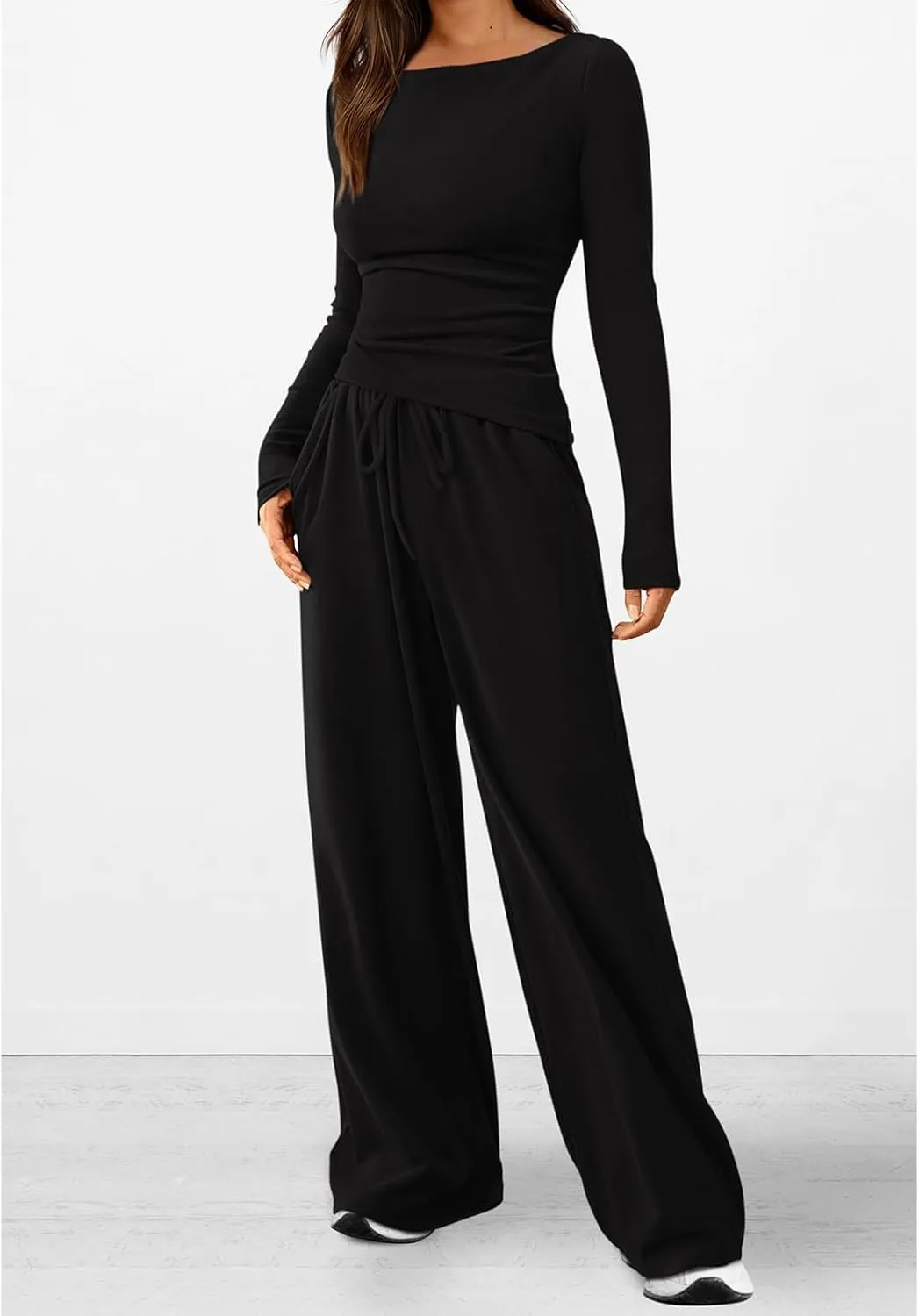 Women's 2 Piece Lounge Sets Asymmetrical Ruched Long Sleeve Top Wide Leg High Waisted Pants Casual Outfits Tracksuit
