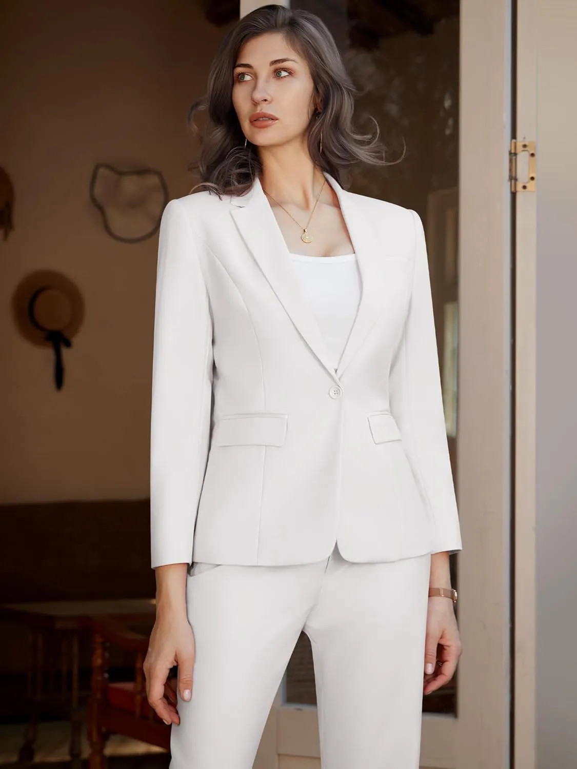 Womens 2 Piece Pants Suit Solid Notch Lapel One Button Slim Fit Blazer Jacket Elastic Waist Pants Tuxedo Set