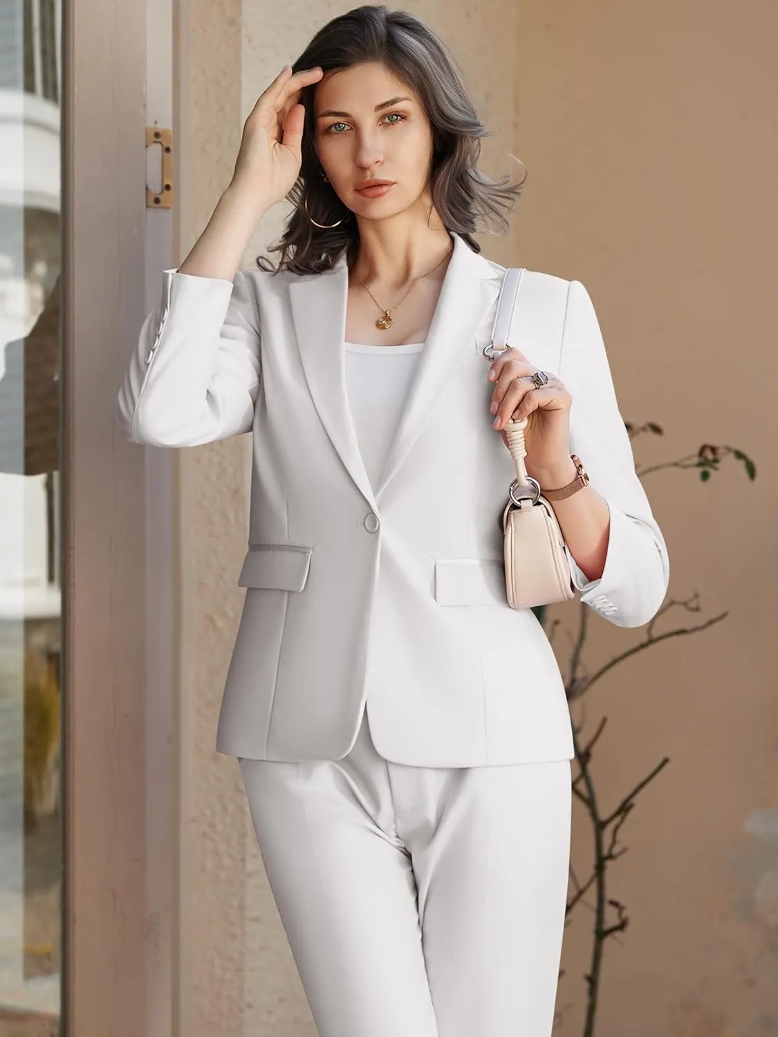 Womens 2 Piece Pants Suit Solid Notch Lapel One Button Slim Fit Blazer Jacket Elastic Waist Pants Tuxedo Set
