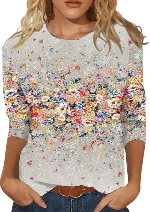 Womens 3/4 Sleeve Shirts Crewneck Dressy Casual Tops Printed Lightweight Loose Fit Cute T Shirts