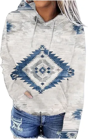 Womens Aztec Ethic Graphic Sweatshirt Western Shirts Hoodies Casual Fall Tops Pullover Cow Country Vintage Outfit