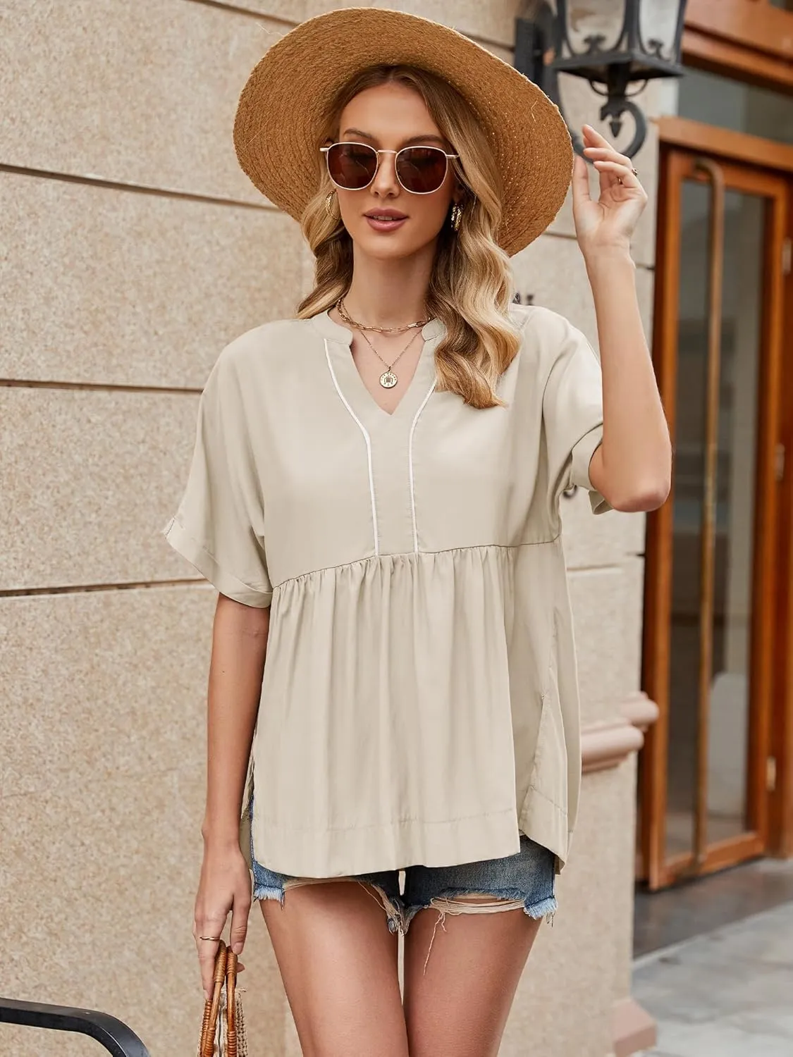 Womens Babydoll Tops V Neck Short Sleeve T Shirt Casual Cute Peplum Oversized Tunic Loose Fit Shirts