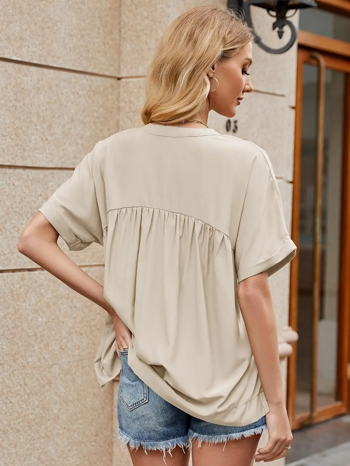Womens Babydoll Tops V Neck Short Sleeve T Shirt Casual Cute Peplum Oversized Tunic Loose Fit Shirts