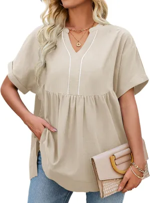 Womens Babydoll Tops V Neck Short Sleeve T Shirt Casual Cute Peplum Oversized Tunic Loose Fit Shirts