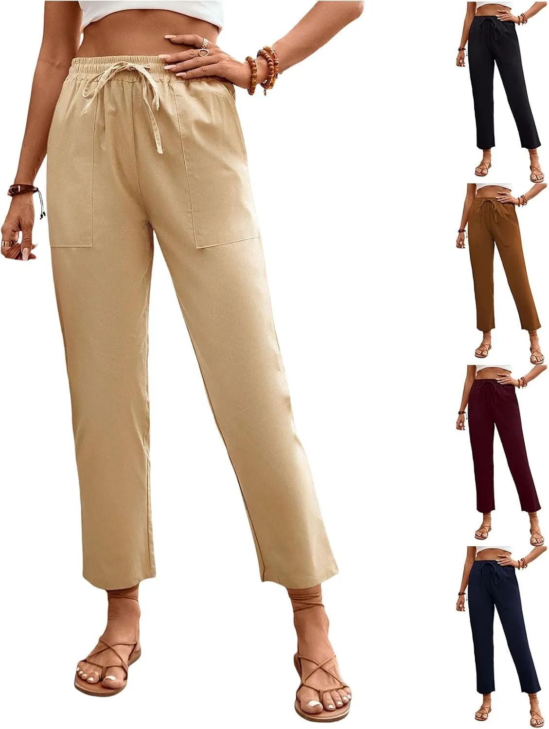 Womens Baggy Wide Leg Pants High Waist Adjustable Cotton Linen Lounge Beach Summer Trousers with Pockets