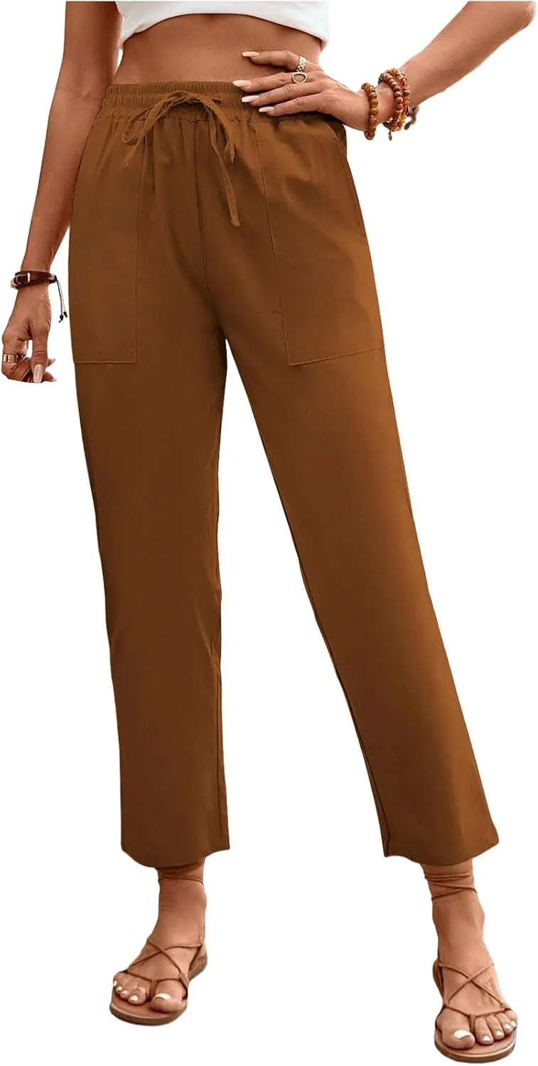 Womens Baggy Wide Leg Pants High Waist Adjustable Cotton Linen Lounge Beach Summer Trousers with Pockets