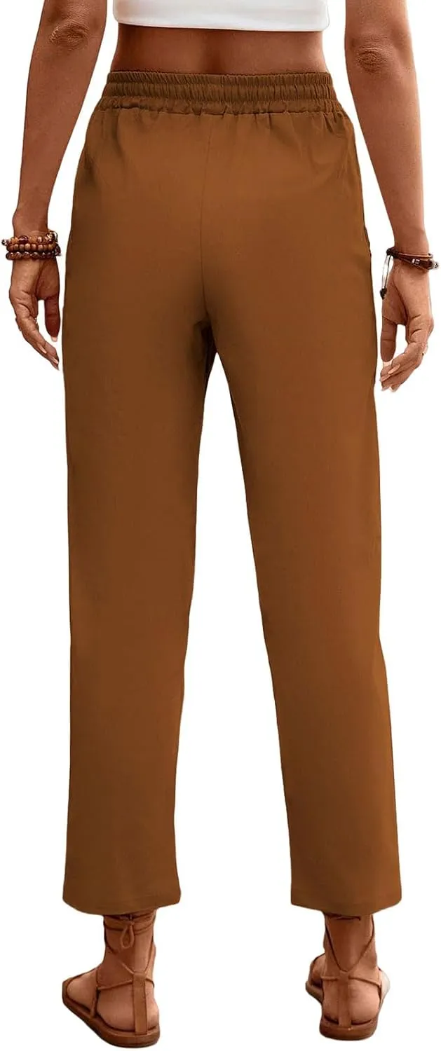 Womens Baggy Wide Leg Pants High Waist Adjustable Cotton Linen Lounge Beach Summer Trousers with Pockets