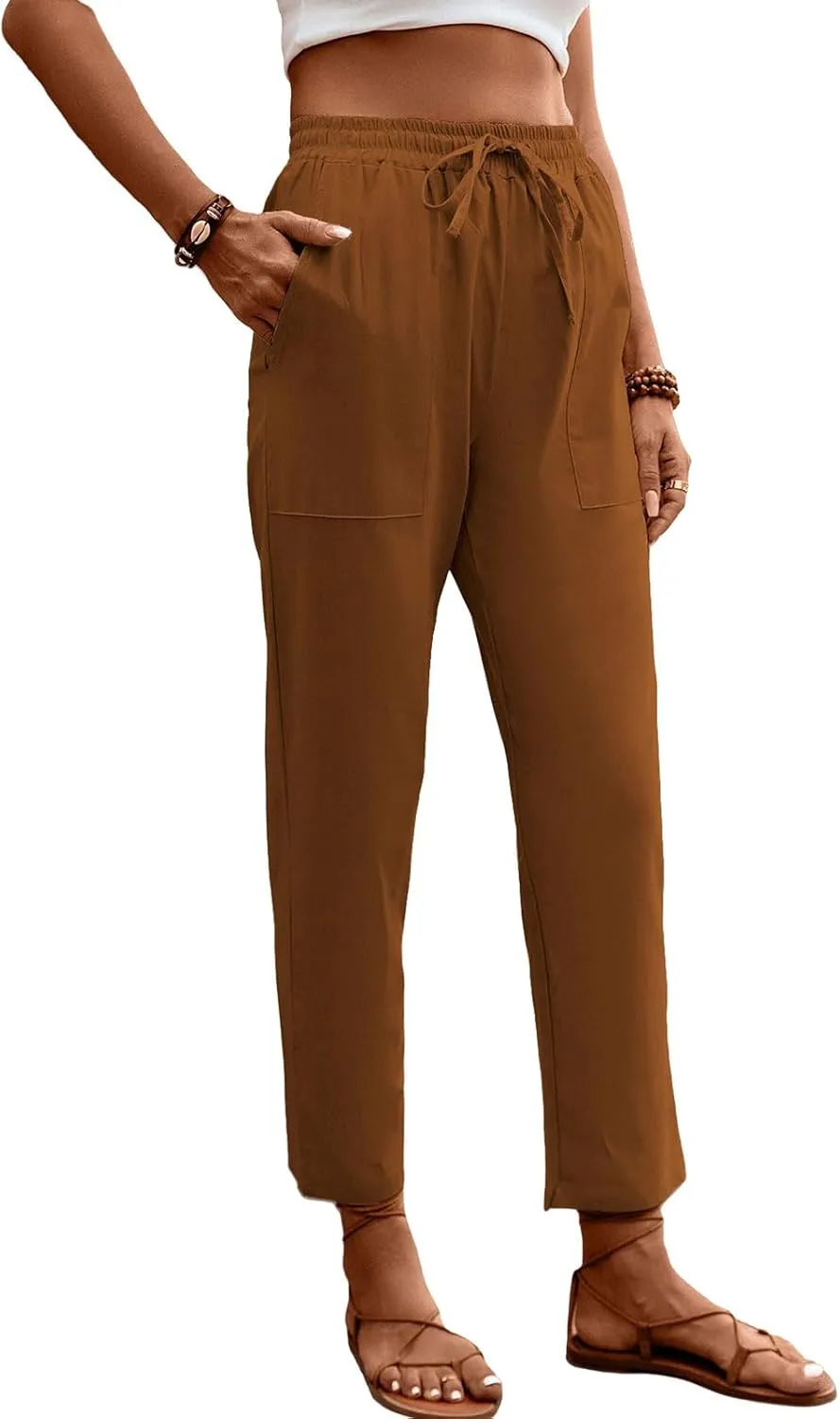 Womens Baggy Wide Leg Pants High Waist Adjustable Cotton Linen Lounge Beach Summer Trousers with Pockets