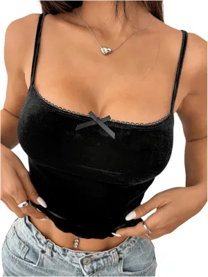 Women's Bowknot Lace Velvet Crop Camisole Tops Slim Fit Spaghetti Strap Tank Tops