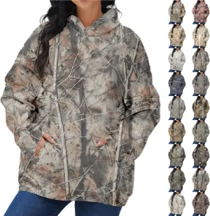 Womens Camo Hoodies Maple Leaf Print Oversized Hooded Sweatshirt Fleece Pullover Sweatshirts Long Sleeve with Pocket