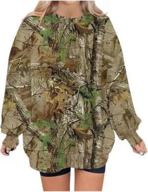 Women's Camo Sweatshirt Maple-Leaf Print Oversized Sweatshirt Fleece Crewneck Shirts Casual Fall Pullover Tops