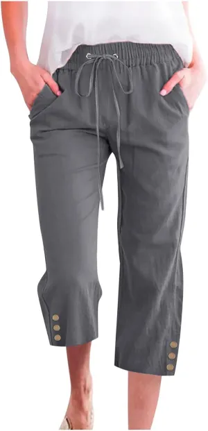 Womens Capris Pants High Waist Drawstring Comfy Cropped Linen Lightweight Loose Trousers Buttons Trim with Pockets