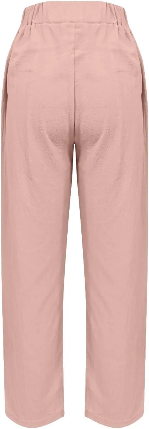 Womens Cargo Pants, Women's Casual Pants Peasant Straight Leg Linen Elastic Waist