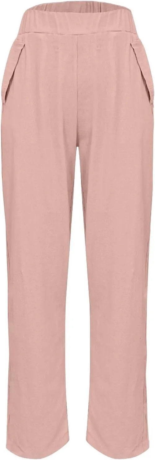 Womens Cargo Pants, Women's Casual Pants Peasant Straight Leg Linen Elastic Waist