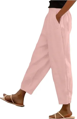 Womens Cargo Pants, Women's Casual Pants Peasant Straight Leg Linen Elastic Waist