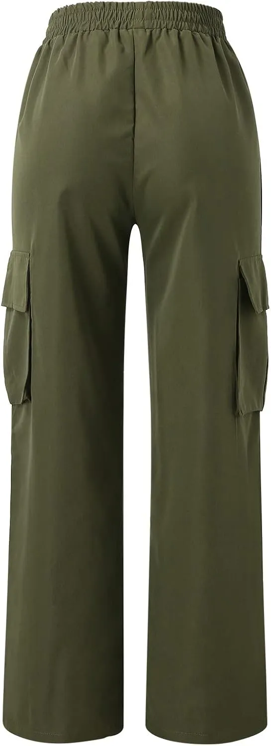 Women's Cargo Pants Y2K Elastic High Waist Straight Parachute Pants Solid Fashion Wide Leg Baggy Trousers with Large Pockets